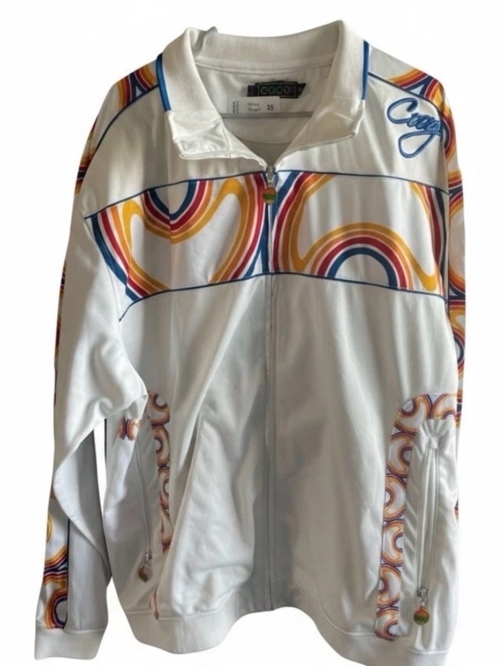 COOGI White Jacket with Retro Rainbow Arcs